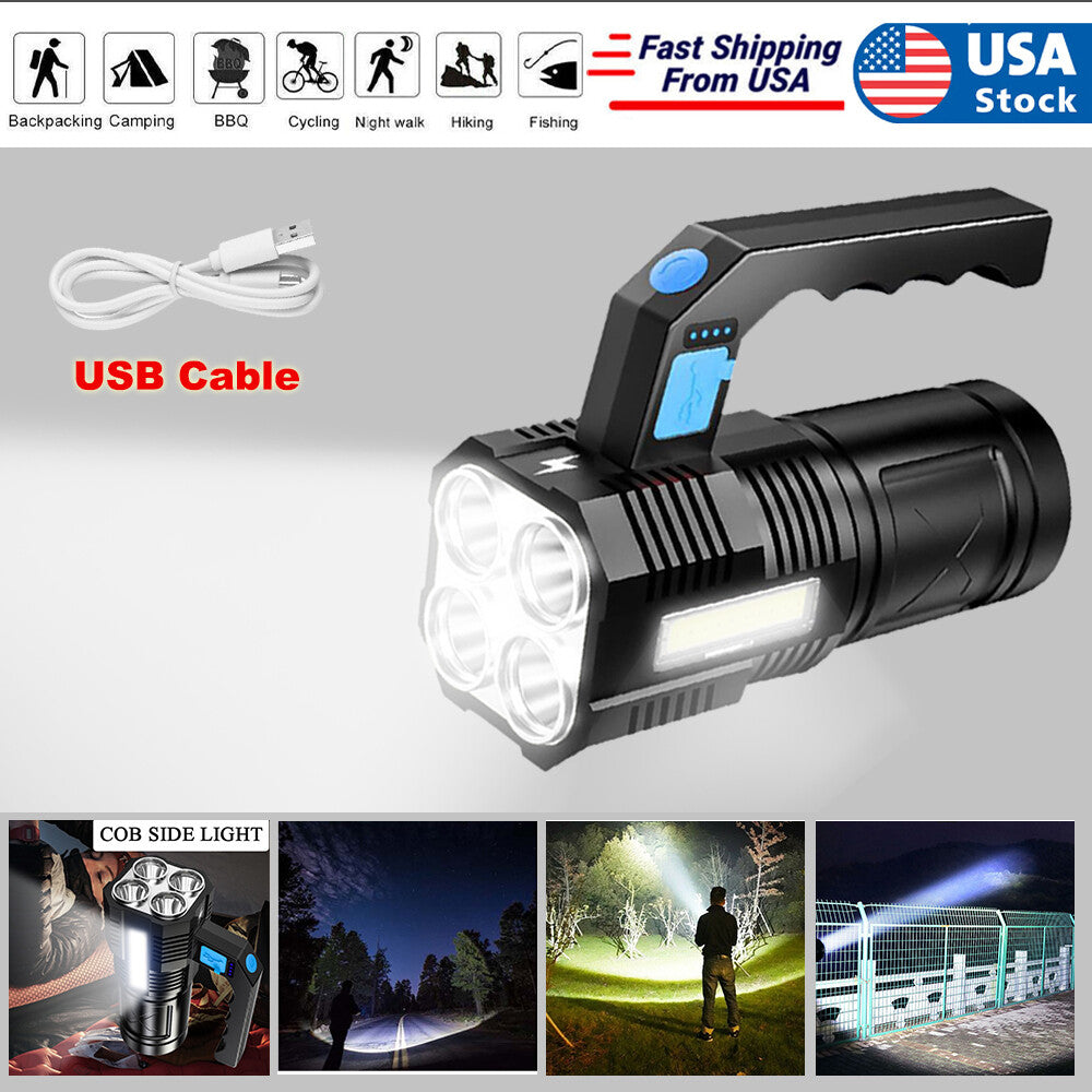 LED Flashlight: USB Rechargeable Torch with COB Spotlight, Ideal for Camping, High Lumens, Emergency Lamp, 4 Modes, Waterproof Work Light