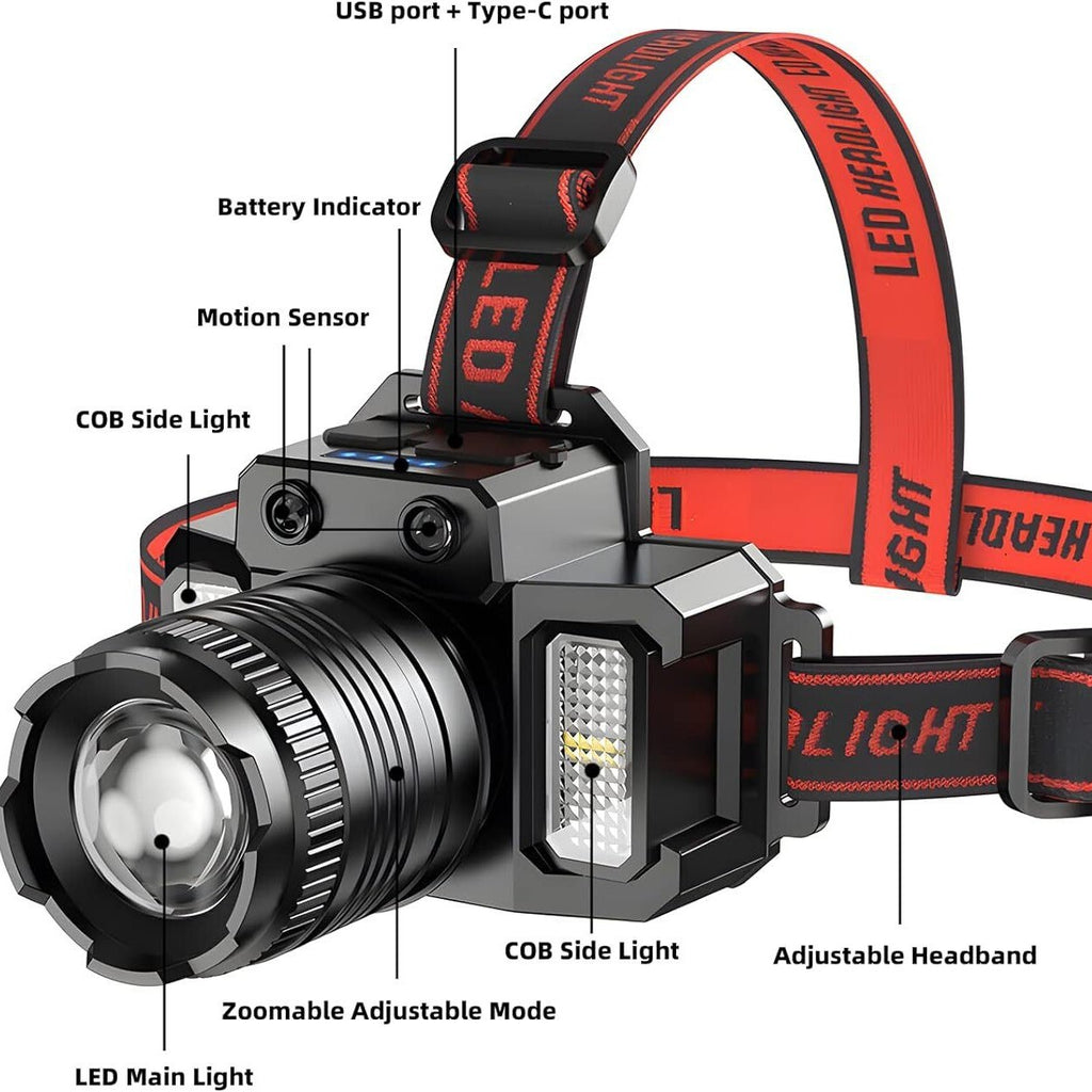 LED Telescopic Headlamp Head Torch USB Rechargeable Motion Sensor Headlight Zoomable 5 Modes Emergency Power Bank For Camping