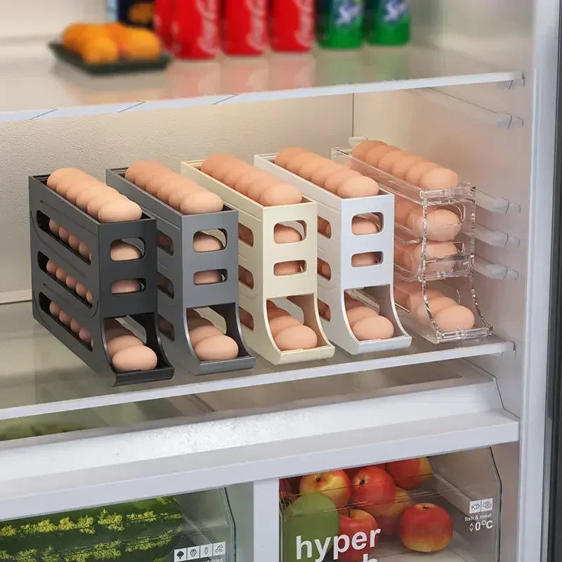 Egg storage containers in a refrigerator with fruits and drinks in the background.