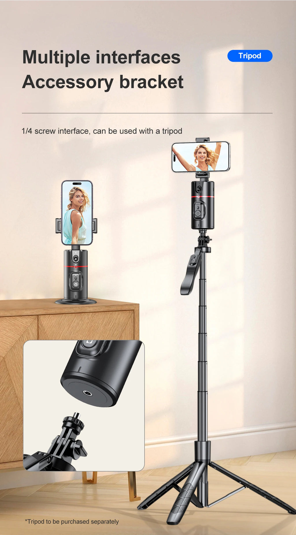 Selfieshow P02 Gimbal 360 Rotation AI Automatic Tracking Shooting Stabilizer Detachable Phone Clip Mini Selfie Stick PhoneHolder