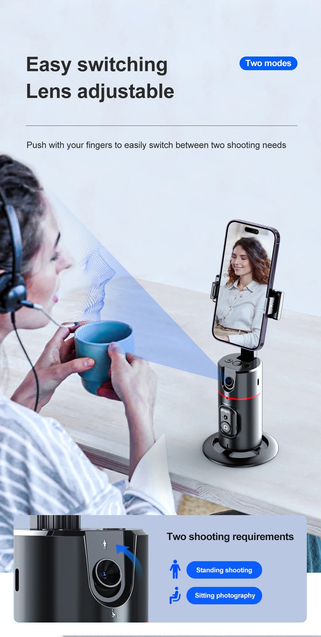 Selfieshow P02 Gimbal 360 Rotation AI Automatic Tracking Shooting Stabilizer Detachable Phone Clip Mini Selfie Stick PhoneHolder