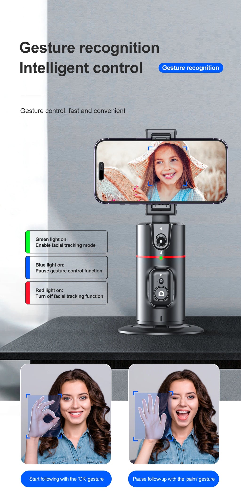 Selfieshow P02 Gimbal 360 Rotation AI Automatic Tracking Shooting Stabilizer Detachable Phone Clip Mini Selfie Stick PhoneHolder