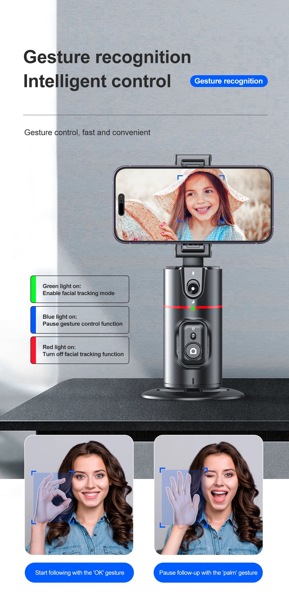 Selfieshow P02 Gimbal 360 Rotation AI Automatic Tracking Shooting Stabilizer Detachable Phone Clip Mini Selfie Stick PhoneHolder