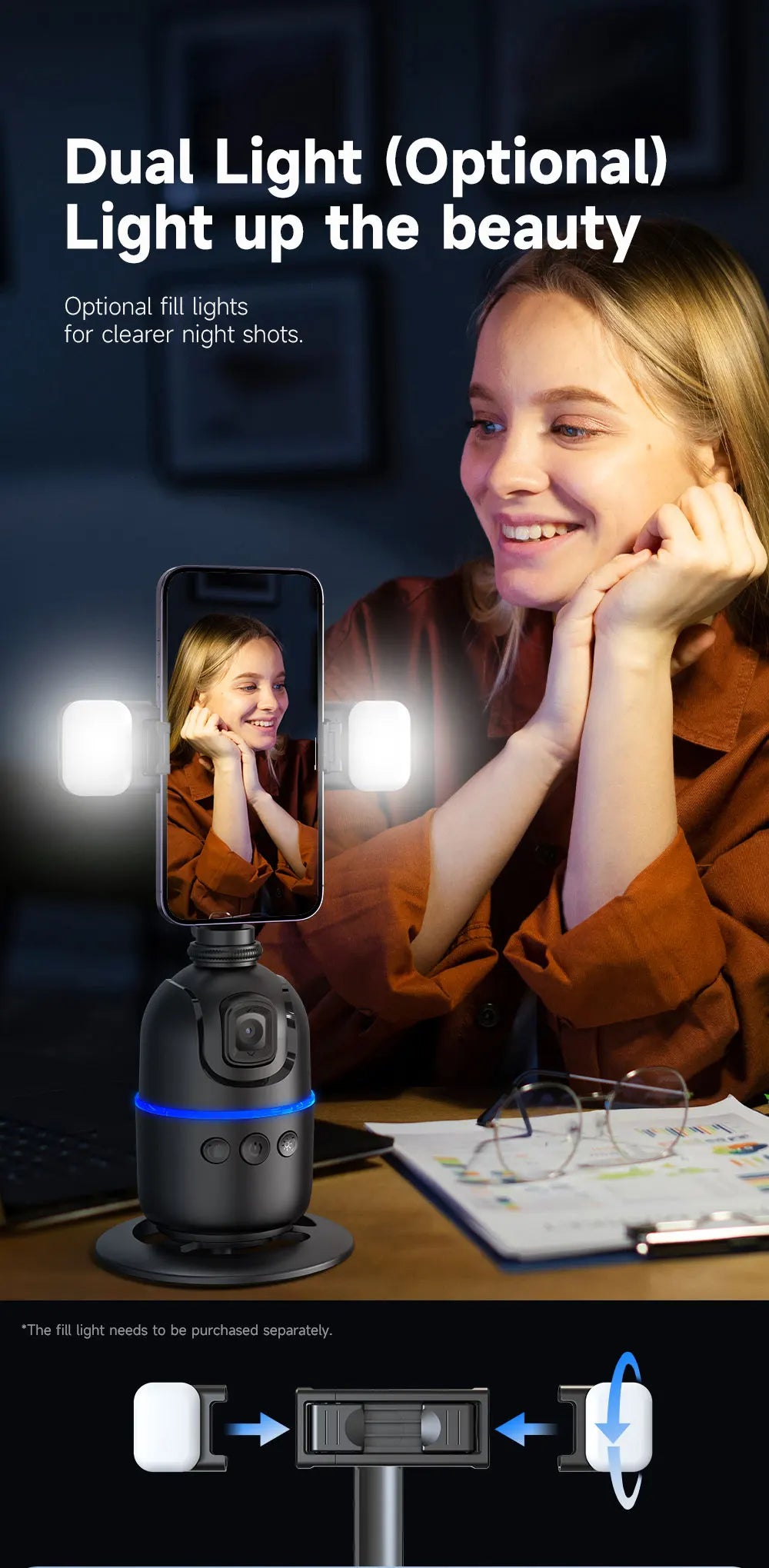 Selfieshow P03 Gimbal Stabilizer 360 Rotation Follow Focus Auto Face Tracking Tripod Desktop Cell Phone Holder for Live/Photo