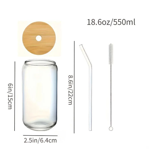 4Pcs 18.6Oz/550Ml Drinking Glasses with Bamboo Lids and Glass Straws, Glass Cups, Iced Coffee Glasses, Cute Iced Tea Glasses, Beer Glasses