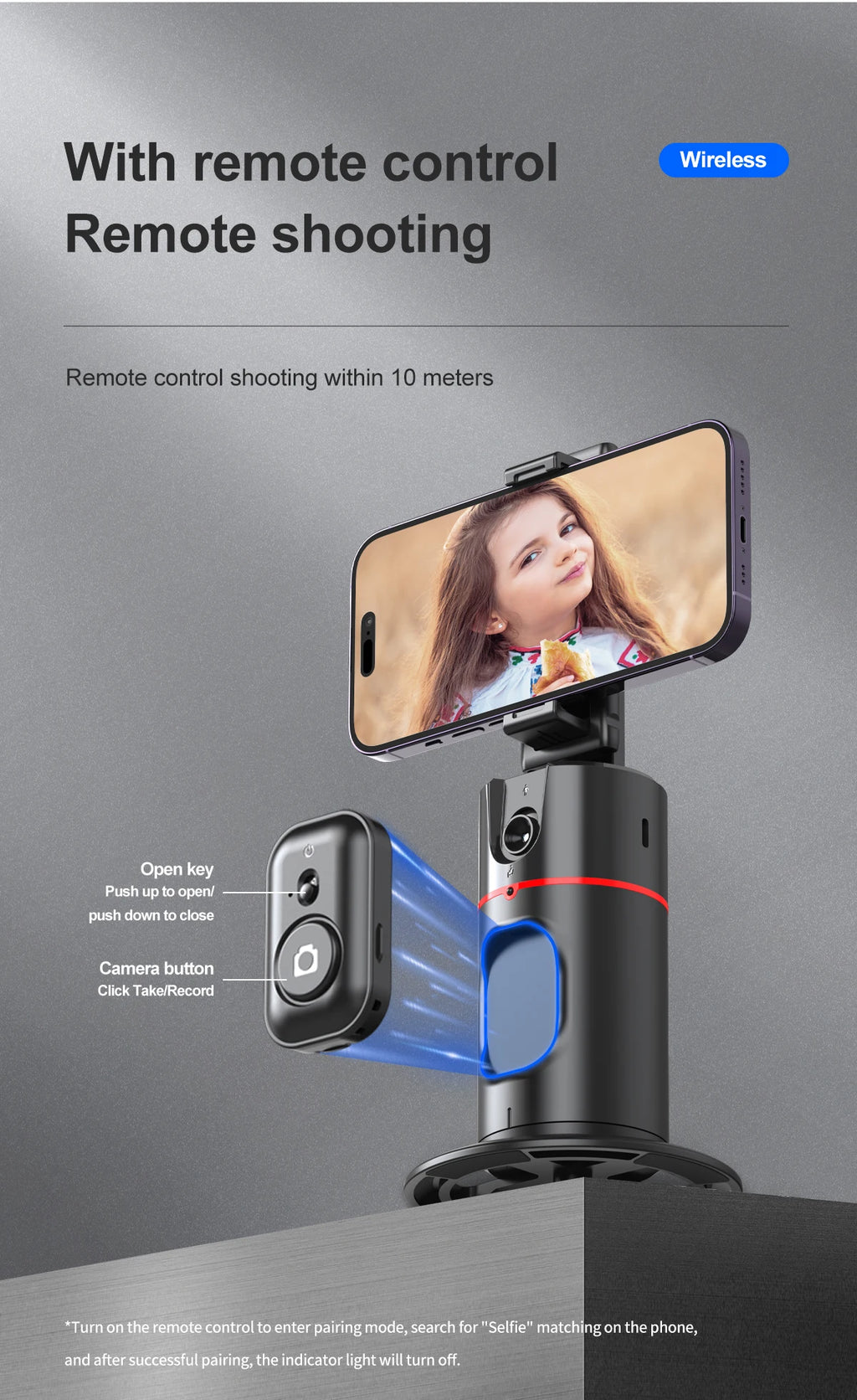 Selfieshow P02 Gimbal 360 Rotation AI Automatic Tracking Shooting Stabilizer Detachable Phone Clip Mini Selfie Stick PhoneHolder