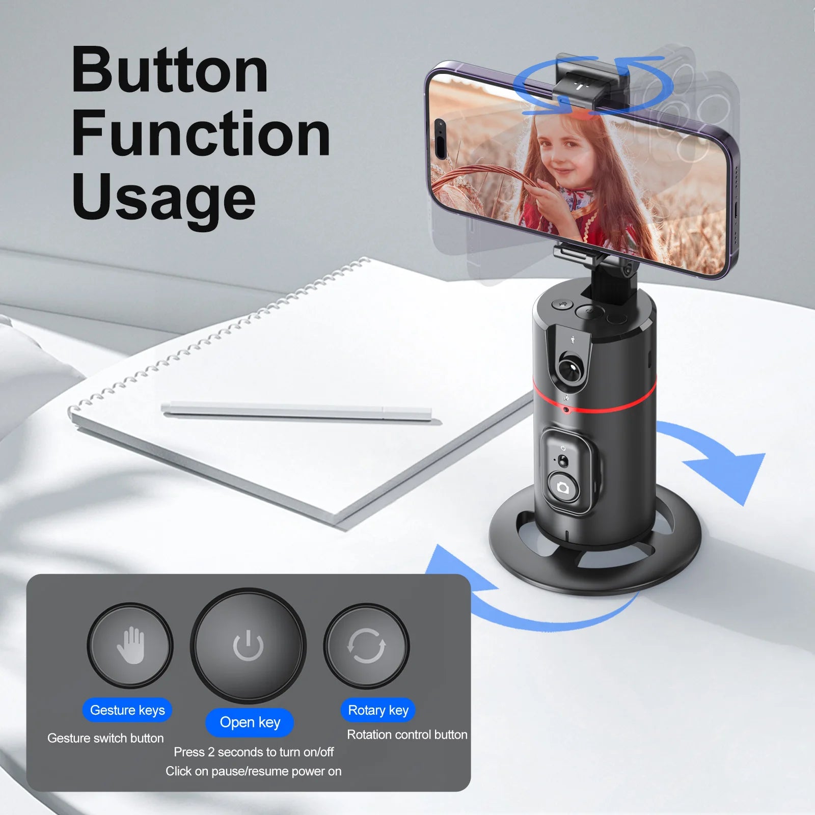 Selfieshow P02 Gimbal 360 Rotation AI Automatic Tracking Shooting Stabilizer Detachable Phone Clip Mini Selfie Stick PhoneHolder