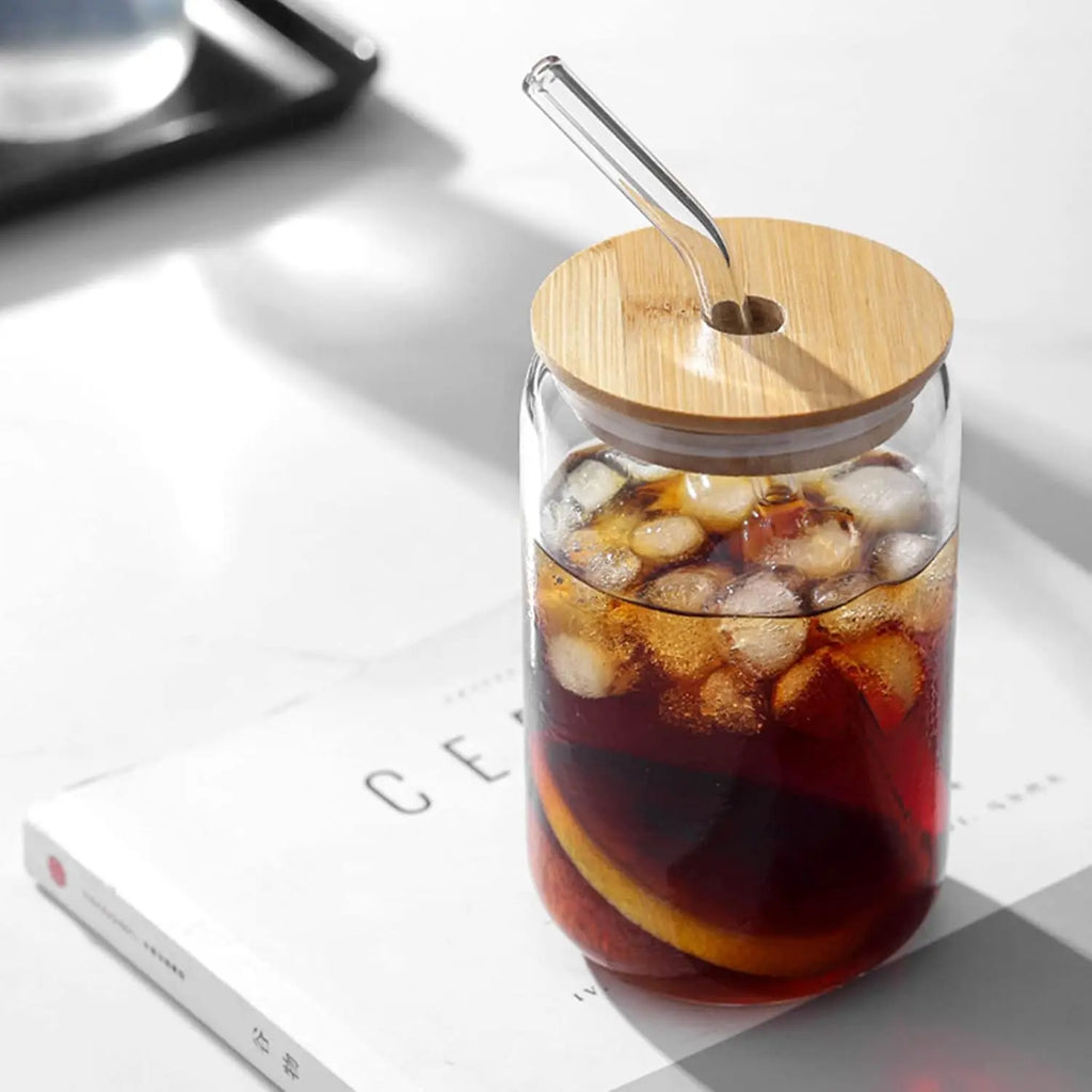 Drinking Glasses with Bamboo Lids and Glass Straw 2PCS Set, 16oz Glass Cups with Lids and Straws, Beer, Iced Coffee Glasses, Sod