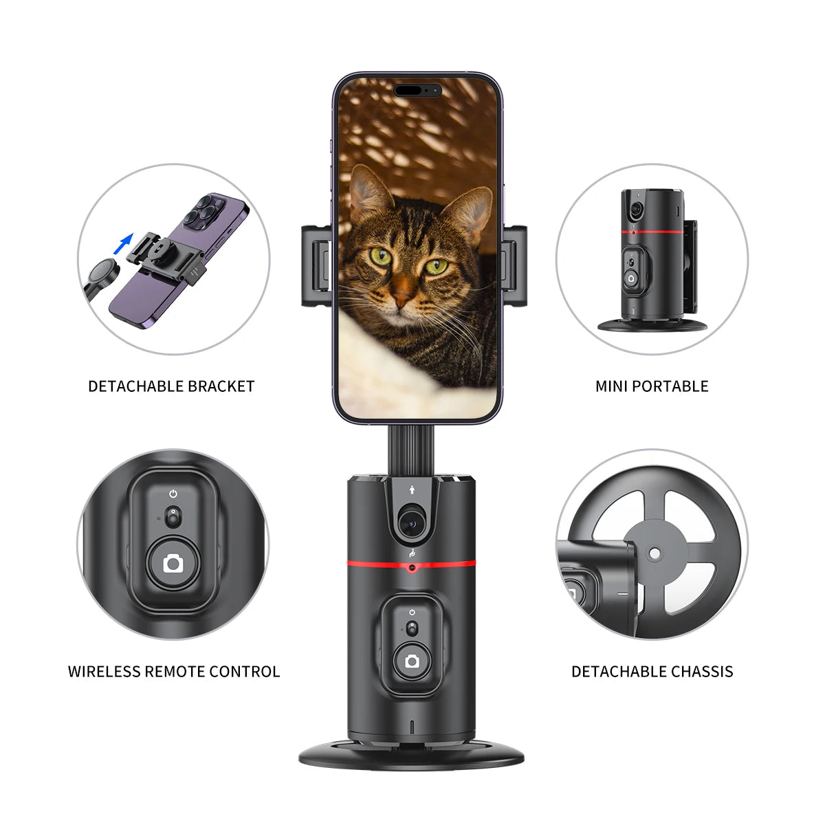 Selfieshow P02 Gimbal 360 Rotation AI Automatic Tracking Shooting Stabilizer Detachable Phone Clip Mini Selfie Stick PhoneHolder