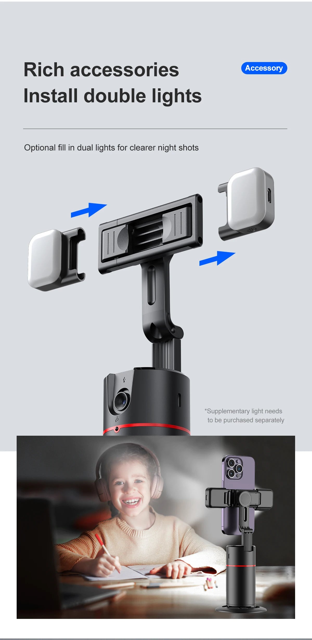 Selfieshow P02 Gimbal 360 Rotation AI Automatic Tracking Shooting Stabilizer Detachable Phone Clip Mini Selfie Stick PhoneHolder