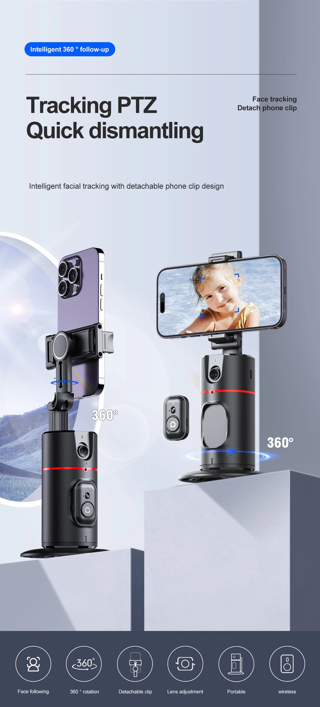 Selfieshow P02 Gimbal 360 Rotation AI Automatic Tracking Shooting Stabilizer Detachable Phone Clip Mini Selfie Stick PhoneHolder