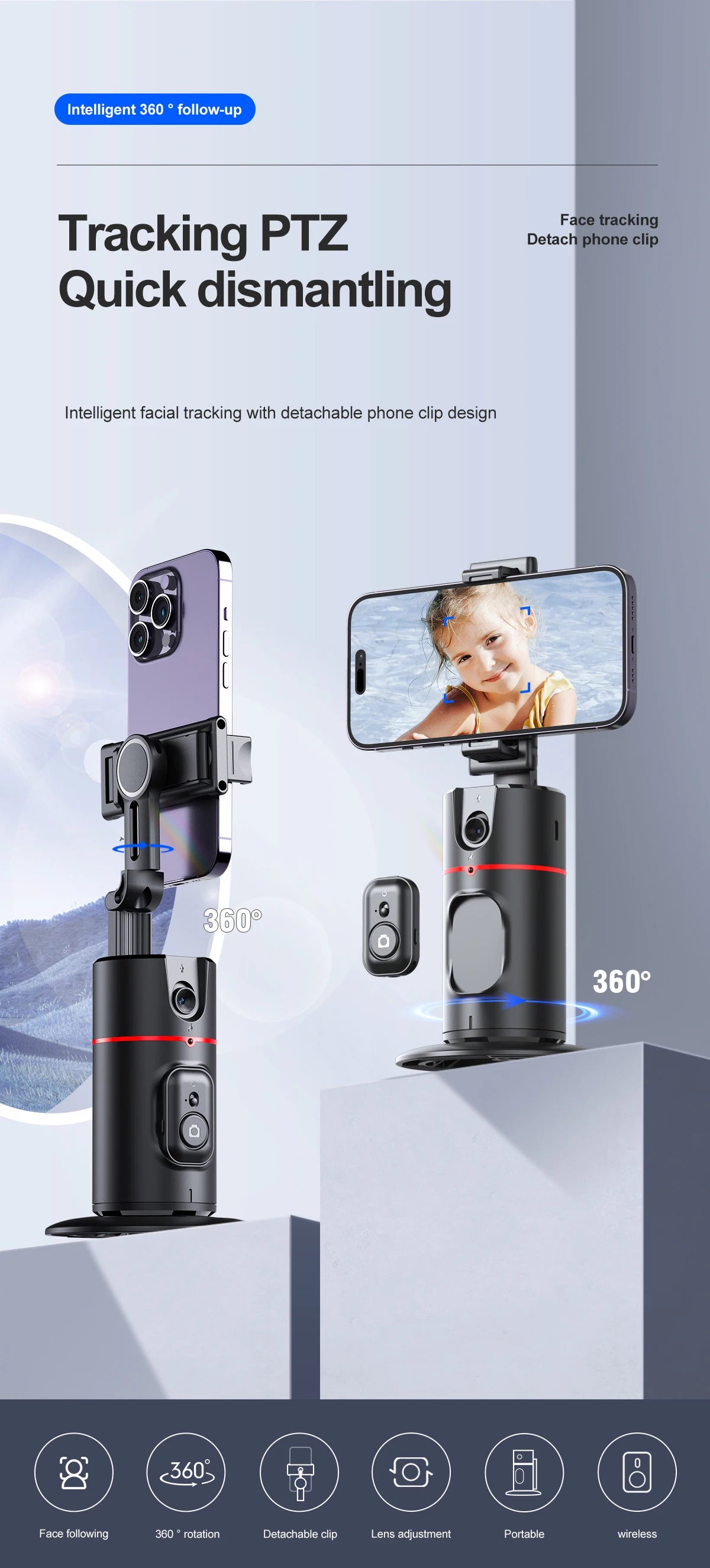 Selfieshow P02 Gimbal 360 Rotation AI Automatic Tracking Shooting Stabilizer Detachable Phone Clip Mini Selfie Stick PhoneHolder