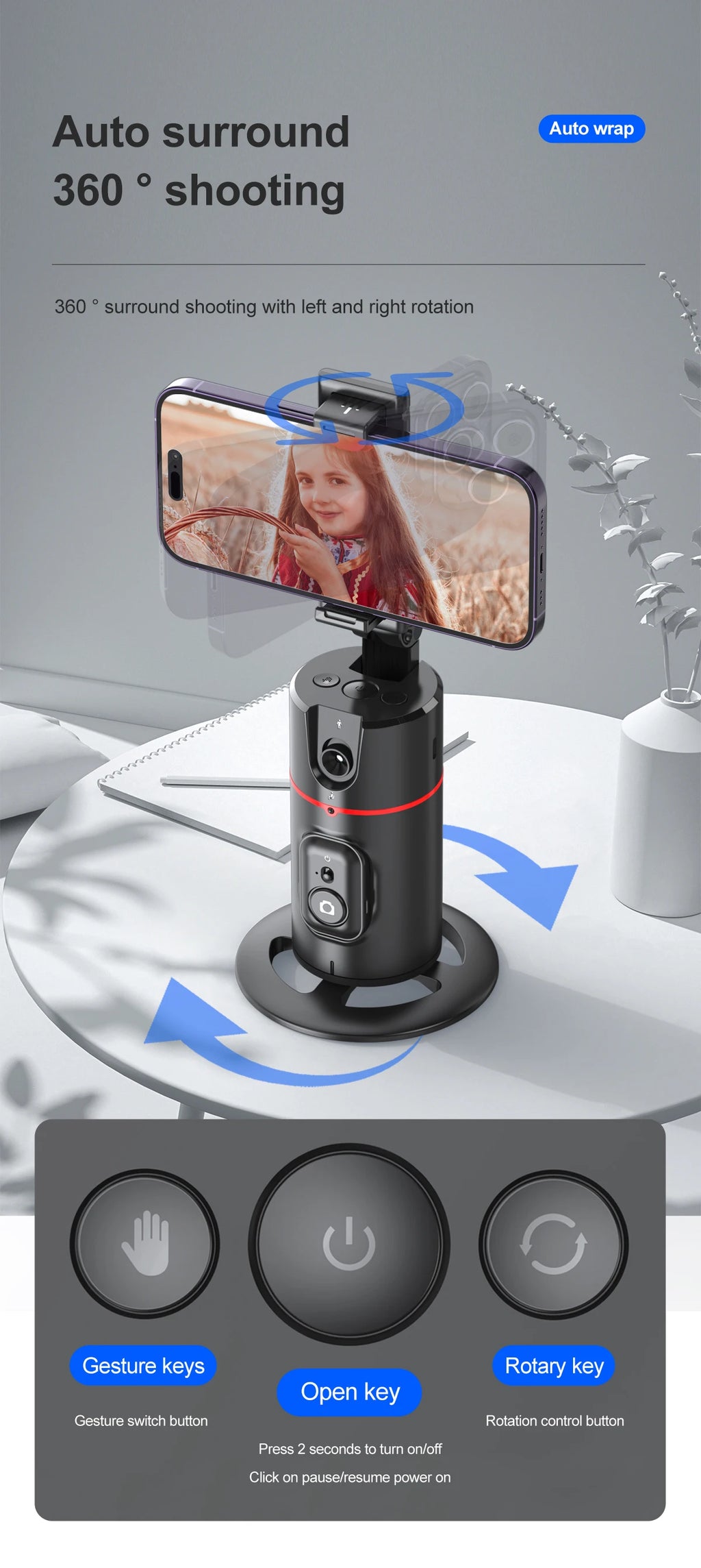 Selfieshow P02 Gimbal 360 Rotation AI Automatic Tracking Shooting Stabilizer Detachable Phone Clip Mini Selfie Stick PhoneHolder