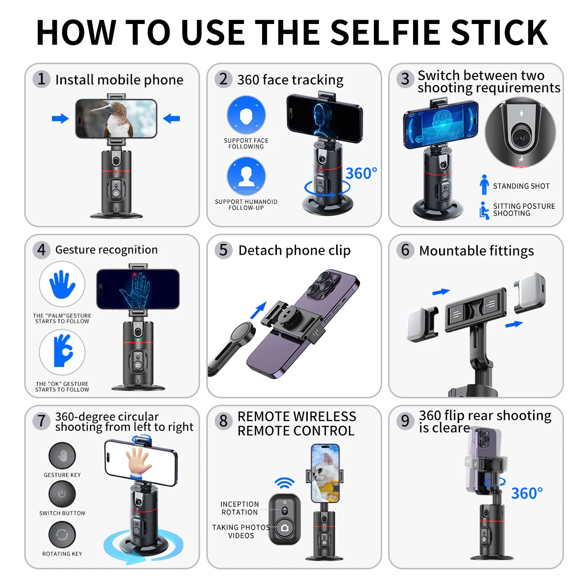 Selfieshow P02 Gimbal 360 Rotation AI Automatic Tracking Shooting Stabilizer Detachable Phone Clip Mini Selfie Stick PhoneHolder