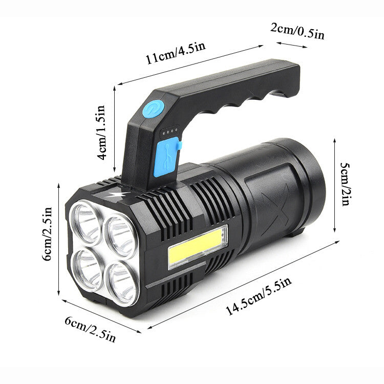 LED Flashlight: USB Rechargeable Torch with COB Spotlight, Ideal for Camping, High Lumens, Emergency Lamp, 4 Modes, Waterproof Work Light