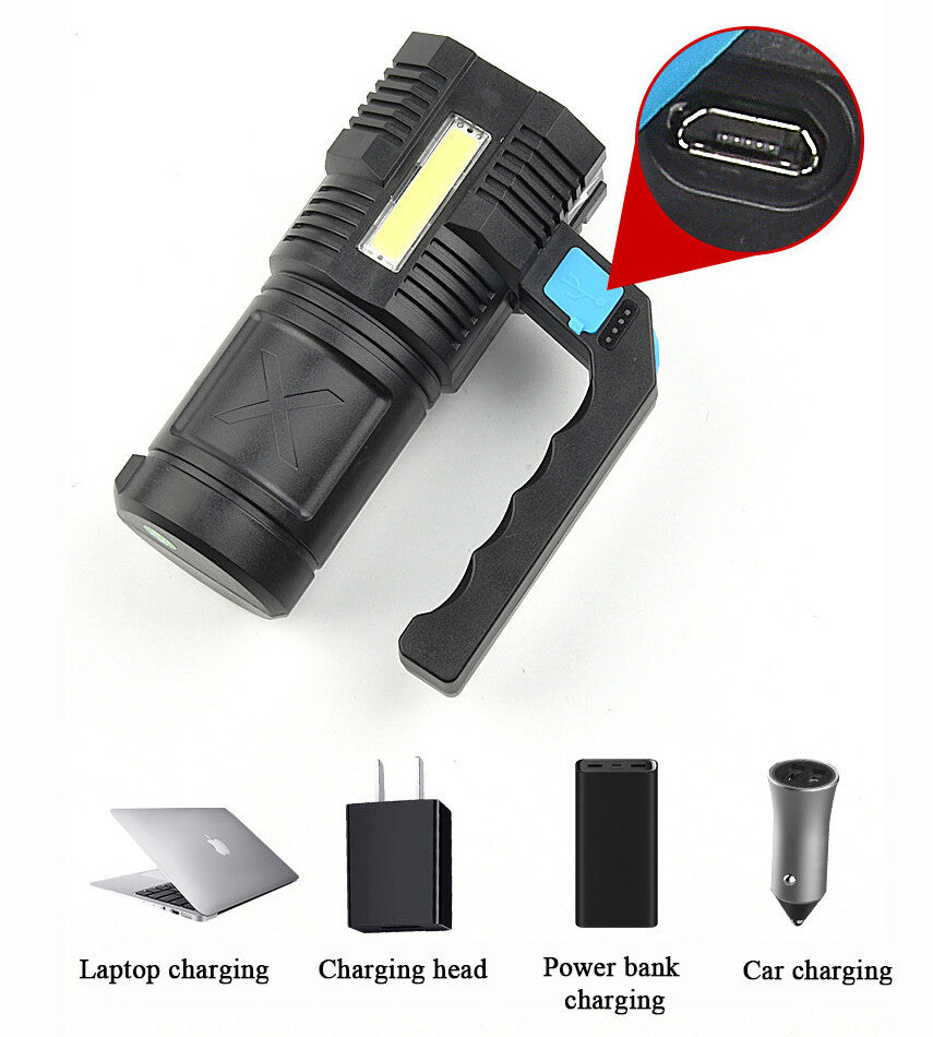 LED Flashlight: USB Rechargeable Torch with COB Spotlight, Ideal for Camping, High Lumens, Emergency Lamp, 4 Modes, Waterproof Work Light